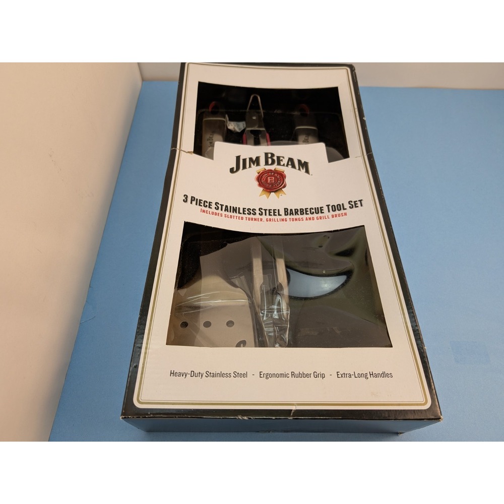 Brand New Jim Beam 3 PC BBQ Grill Tool Set Wooden Handle Scraper, Tongs, Spatula